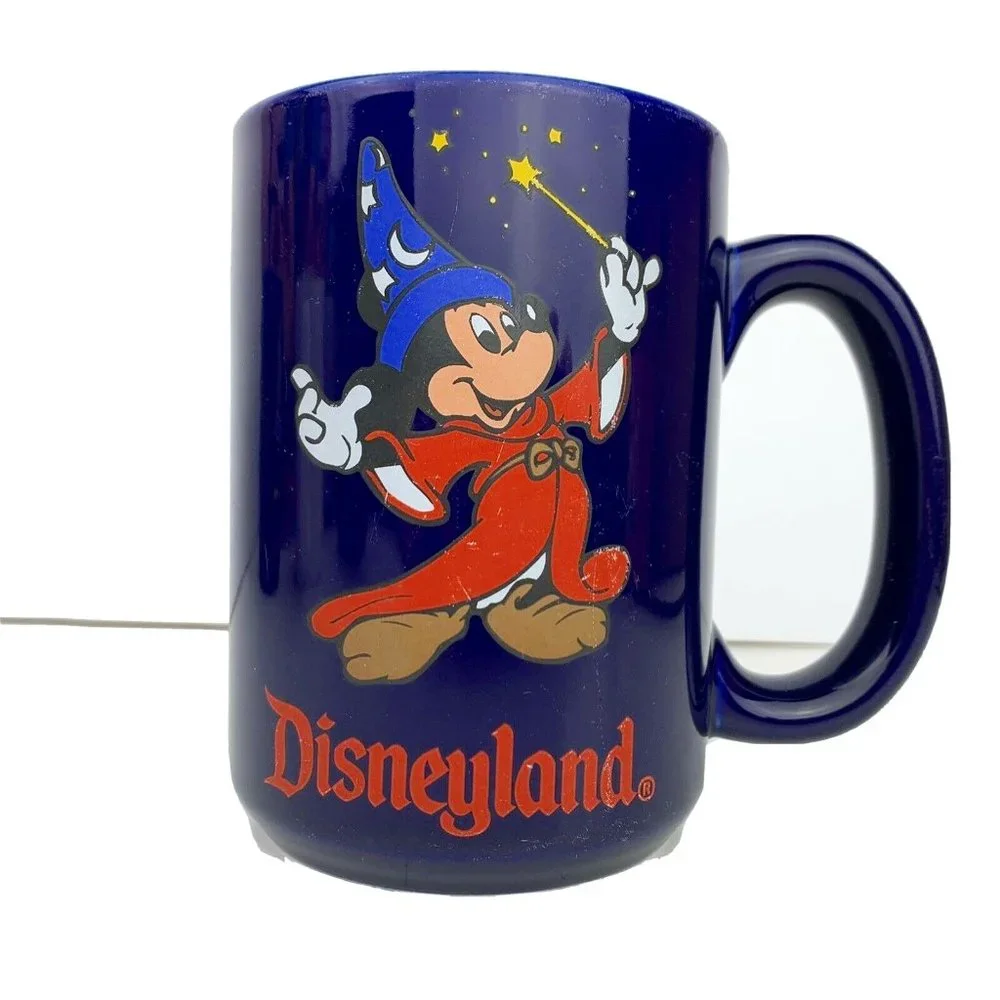 Disneyland Mickey Mouse Blue Mug Fantasia Wizard Wand Yellow 18oz Coffee Vintage